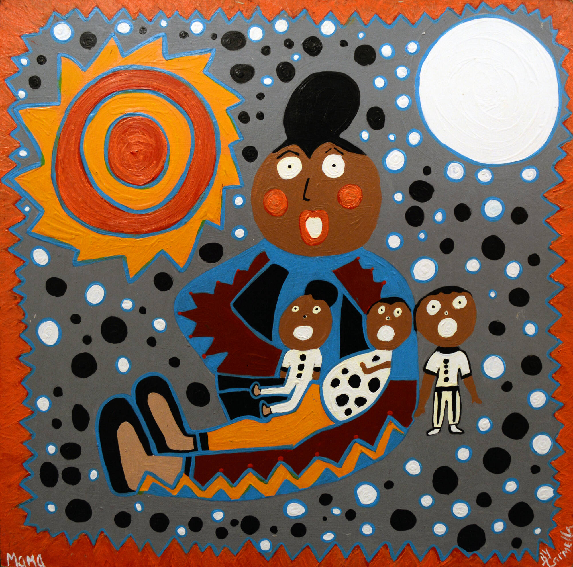 Painting of a woman holding three children on or near her lap. Sun and moon in the background.